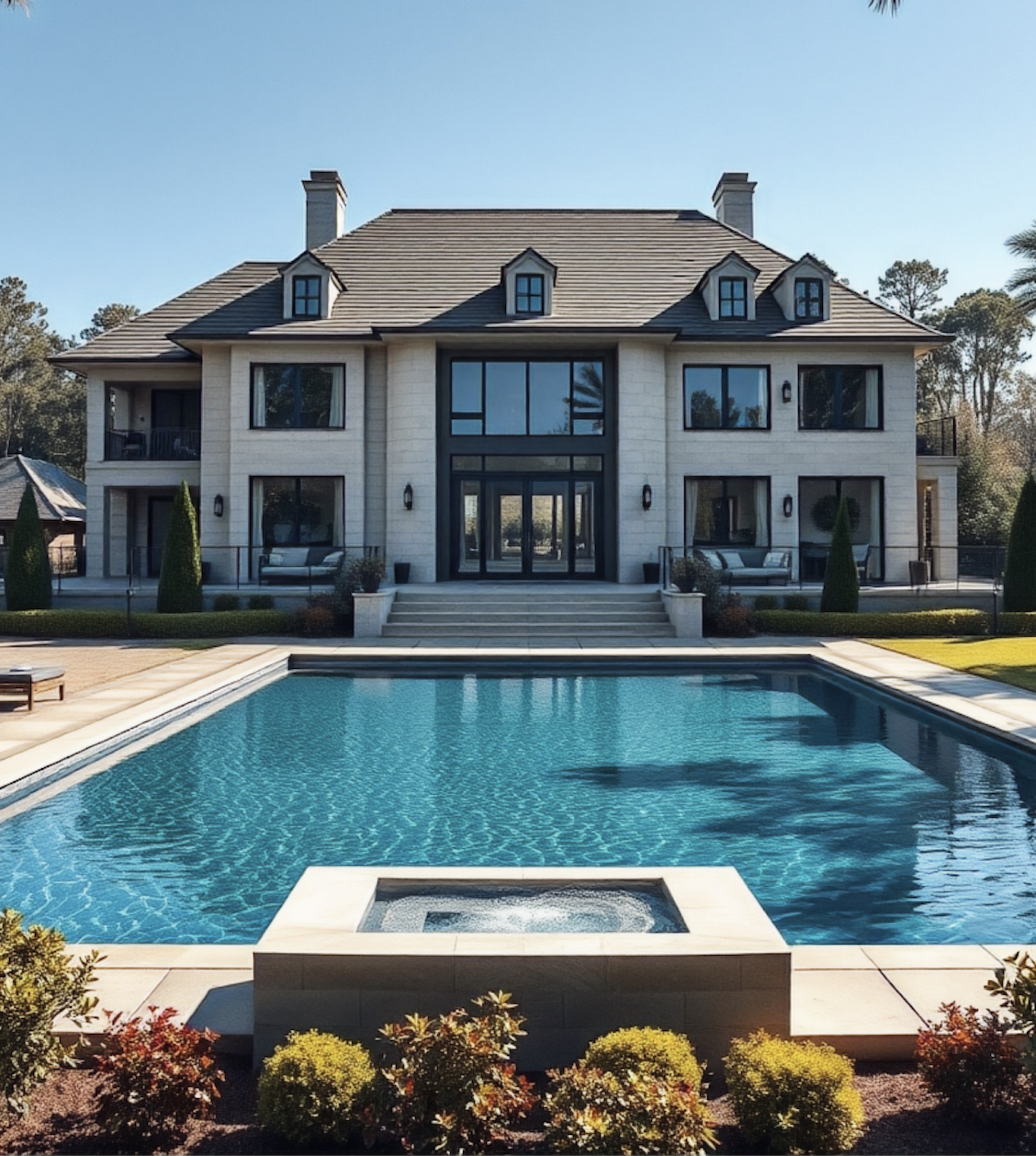 Symmetric white estate with rectangular blue pool